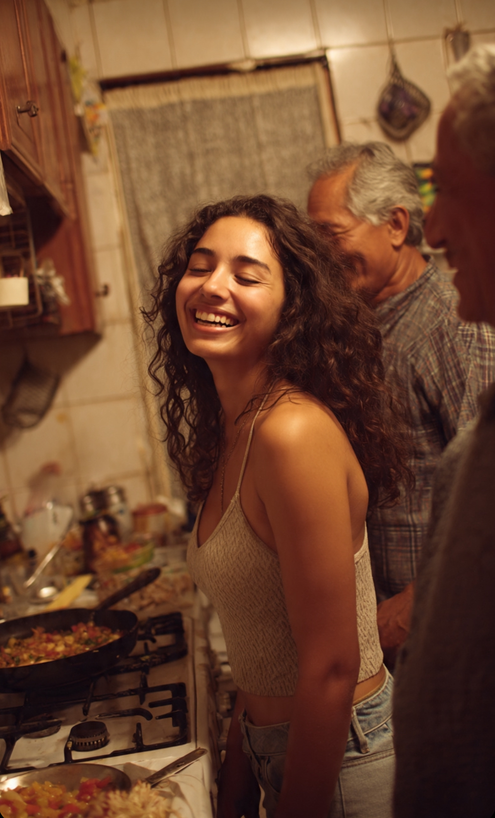 Student at home with family in the background
